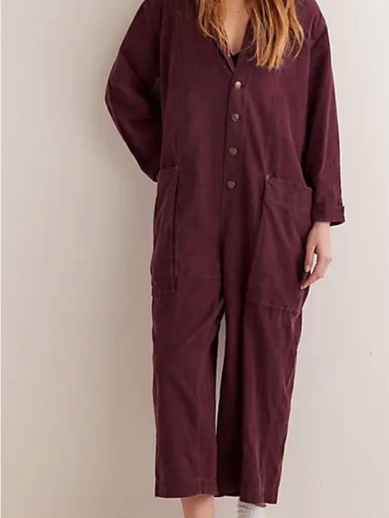 We The Free Pants - We The Free oversised Deep Plum Button-Front Utility Jumpsuit